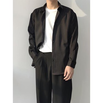 精致抗皺條紋男士寬松長袖襯衫韓版休閑帥氣質港風日系潮文藝外套
