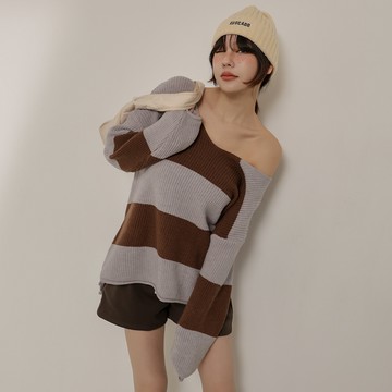 V領大橫條針織毛衣-灰咖【KT224119】