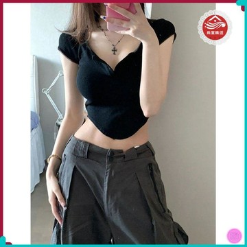 🎀超夯女裝🎀設計感夏季純欲風復古顯瘦修身上衣ins外穿性感百搭潮流短袖t恤女