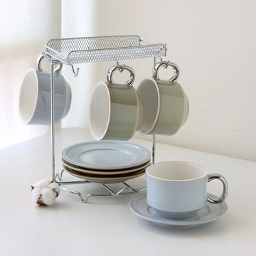 Just Home蘊金柔光陶瓷咖啡杯盤8件組附收納架