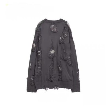 歐美高街假兩件oversize破洞毛衣男女秋冬季慵懶風鏤空設計針織衫