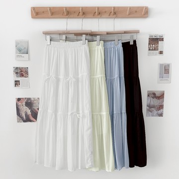 【Fee隔日到貨4色新品】高腰輕薄顯瘦蛋糕長裙🔥垂墜綁帶鬆緊蛋糕裙 日系長裙 設計感長裙 裙子 a字裙 中長裙 A字裙