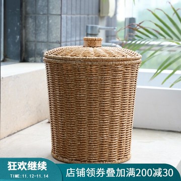 北歐風收納筐帶蓋面包收納桶客廳雜物整理儲物筐書房廢紙簍仿藤編