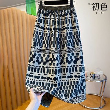 初色 亞麻風復古印花輕薄透氣鬆緊腰中長裙半身裙直筒長裙-印花-14292(M-2XL可選)
