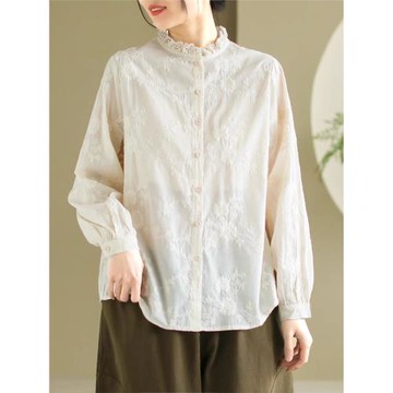 代勒原創春季新款文藝提花刺繡棉長袖襯衫女溫柔立領甜美花邊襯衣