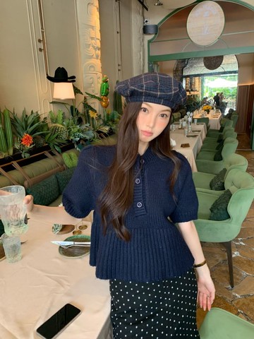 【韓國】夜幕心動短袖針織上衣波點短裙套裝-90163