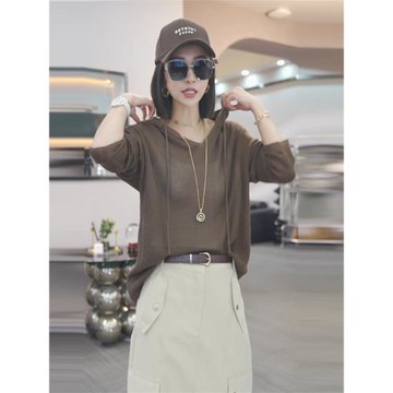 日常通勤風寬松長袖連帽針織衫秋季新款女裝時尚純色薄款透氣上衣