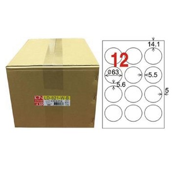 【龍德】LONGDER 三用電腦標籤 A4 12格 圓型標籤 直徑63mm白色1000張/箱 LD-821-W-B(適用雷射、噴墨、影印)
