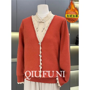 媽媽裝秋冬假兩件加絨加厚毛衣國風中老年女冬裝一體絨保暖打底衫