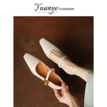 原野Yuanye●真皮方頭一字帶粗跟淺口單鞋女法式中跟粗跟瑪麗珍鞋