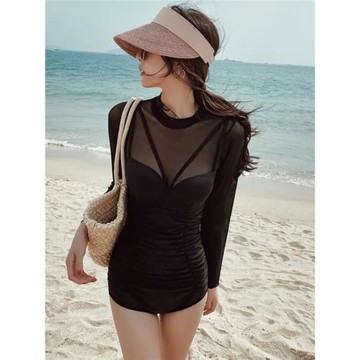 連體溫泉游泳衣女夏仙氣防曬長袖罩衫2025年新款遮肚海邊爆款泳裝