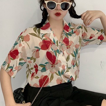 GOFO 短袖襯衫 韓系顯瘦 復古花紋 性感微透 雪紡襯衫 女生襯衫 女生上衣 夏季服飾 夏天 秋天女裝