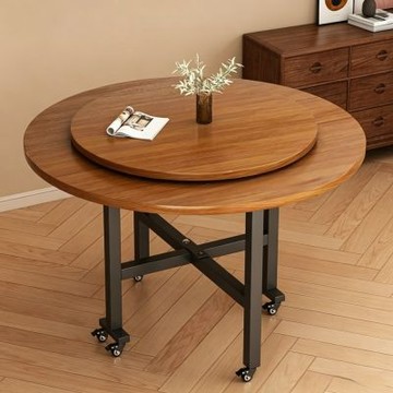 匠俱-折疊餐桌140cm 帶轉盤 可移動大圓桌 多功能吃飯桌子 小戶型收納式餐桌 客廳飯桌