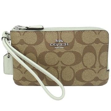 COACH - 滿版LOGO皮革L型雙層手拿包 (卡其淺綠)