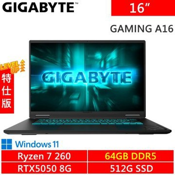 技嘉 GAMING A16 3THK3TW893SH-SP7 16吋 黑(AMD Ryzen 7 260/64G DDR5/512G PCIE/RTX5050 8G/W11)特仕機