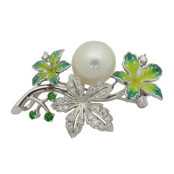 【二手名牌BRAND OFF】MIKIMOTO 御木本 木槿花 鑲鑽 18白K金 珍珠 項鍊 胸針