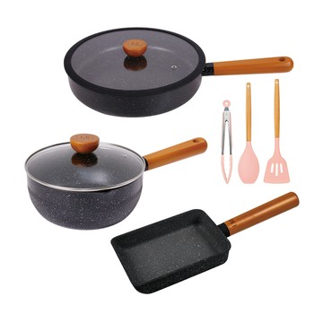 【LMG】曜石黑 雪藏不沾雪平鍋/平底鍋/玉子燒鍋 三鍋超值組(贈玫瑰粉料理三件組)