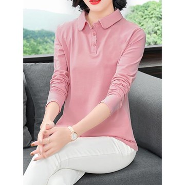 中年媽媽翻領上衣純棉寬松遮肚小衫純色長袖t恤春秋裝有領打底衫