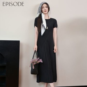 EPISODE - 氣質寬鬆顯瘦皺褶短袖長洋裝E54701（黑）