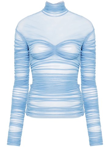 Mugler - mesh ruched top - women - Polyamide/Spandex/Elastane - 44 - Blue