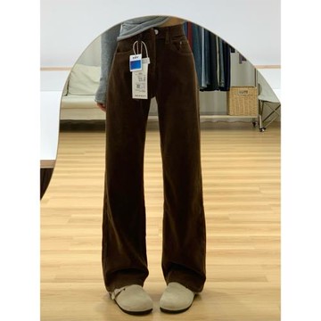 咖啡棕色燈芯絨闊腿褲女2025爆款復古高腰顯瘦垂感直筒拖地休閑褲