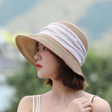 盆帽子女漁夫帽日系文藝百搭夏天遮陽防嗮布草拼接草帽折疊