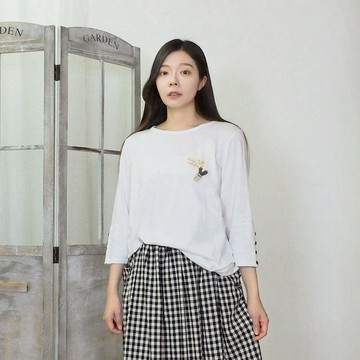 花木馬日系女裝大圓領立體打褶竹節棉七分袖T恤