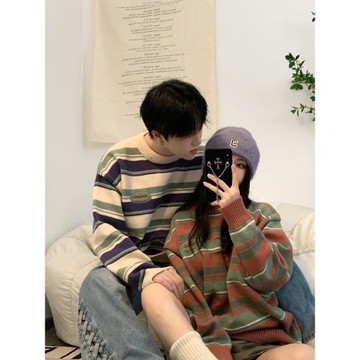 美式復古INS潮牌條紋毛衣男 秋冬oversize慵懶風圓領情侶裝針織衫