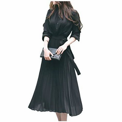 [フェイミー] プリーツ ワンピース 長袖 マキシ丈 デート服 レディース ブラック 黒 L