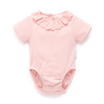 澳洲Purebaby有機棉嬰兒短袖包屁衣/新生兒 連身衣  粉桃荷葉領