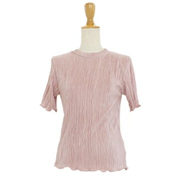 日本 BLUE EAST - 圓領輕盈細摺光澤短袖上衣-粉 (M)