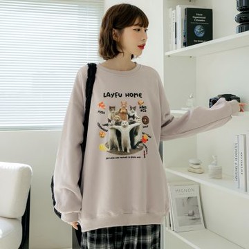 OB嚴選中大尺碼-純棉貓咪戰隊印花寬版大學T《AB19998》