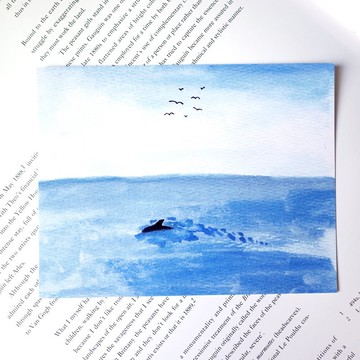 原創風景水彩畫明信片 寧靜海的海豚