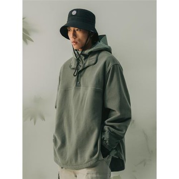 MOSEALAND 搖粒絨半開領衛衣男秋冬純色撞面料寬松保暖立領外套潮