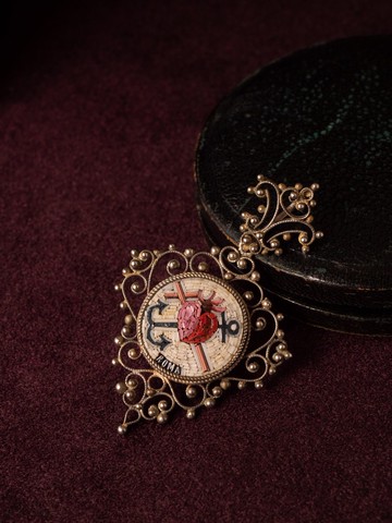 1870s 法國 粉色微型馬賽克 信望愛鏤空純銀吊墜