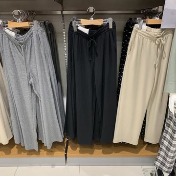 日單女裝春季高彈力柔軟松緊長褲腰部抽繩闊腿褲休閑寬腿褲466327