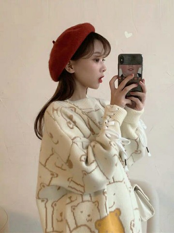 秋冬新款大碼女裝寬松打底毛衣可愛小熊針織外穿上衣慵懶風長袖衫
