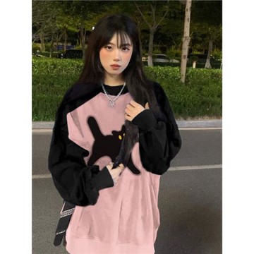 美式慵懶風chic插肩加絨衛衣爆款秋季寬松休閑百搭長袖女裝上衣潮