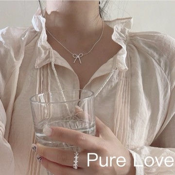 Pure Love樂芙 / 正韓 銀飾【S925純銀】N0923簡約通體純銀項鍊鏤空麻花蝴蝶結鎖骨鏈 短項鏈 / 銀