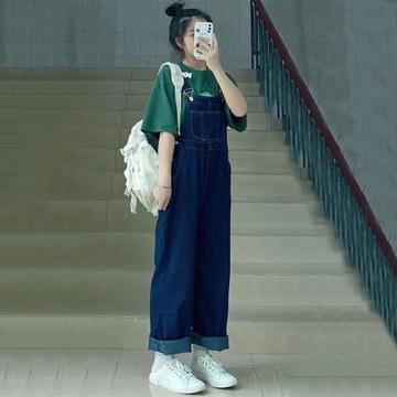 秋季新款韓版寬松減齡牛仔背帶褲女夏顯瘦連體褲直筒闊腿褲長褲春