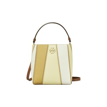 TORY BURCH McGraw 徽標Logo磁性按扣荔枝紋皮革拼麂皮皮革飾邊 女款小號水桶包單肩斜跨斜背包 手提包 161753~【 菲尼斯 國際精品 ★ APP下單天天10%點數回饋 】