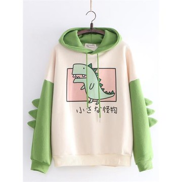 可愛寬松日系軟妹秋裝加厚外套 恐龍印花初中生學生加絨連帽衛衣