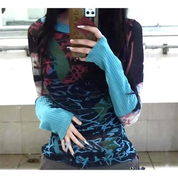 復古辣妹y2k字母紗網拼接針織長袖修身上衣打底春夏彈力網紅圓領