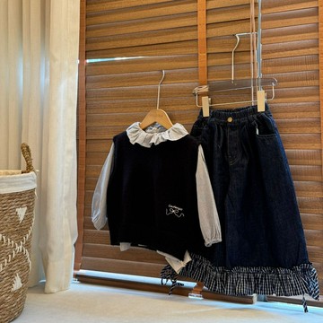 2025新款秋季中小女童裝韓系甜美簡約翻領襯衫上衣毛衣兩件套套裝(鑫弘-萌寶童裝)可開發票