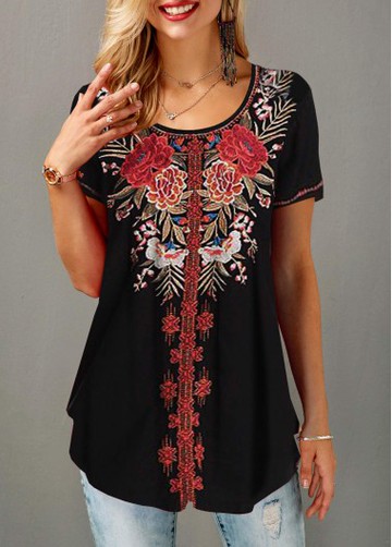 Retro Flower Print Round Neck T Shirt