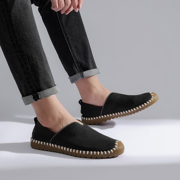 大尺碼男鞋 現貨免運 牛筋底手工縫製 一腳蹬豆豆鞋 鏤空豆豆鞋48碼 透氣軟底男士休閒鞋 軟底輕便不累脚上班鞋