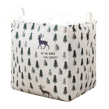 束口布藝收納袋 可折疊收納設計 清新印花 防潮防塵防蟲 表面防水塗層 棉麻質感 可水洗重複使用 棉被、過季衣物、毛毯  小鹿森林 綠色 + 白色  1個