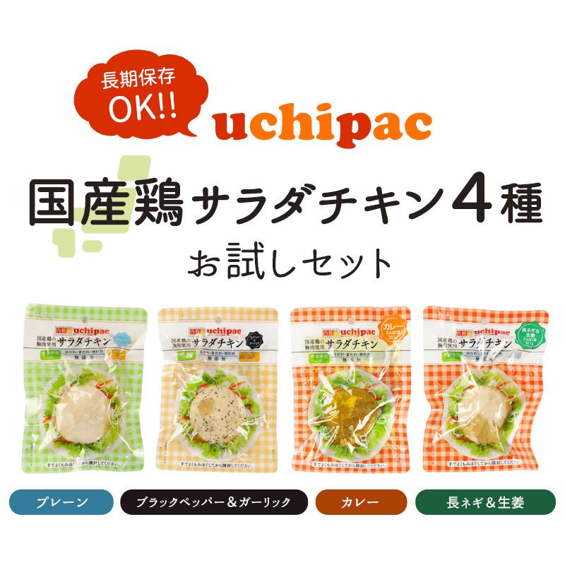 サラダチキン 内野家 1個でたんぱく質30g!! uchipac 国産素材のサラダチキン 4種お試しセット　メール便　3〜4営業日以内に出荷 常温