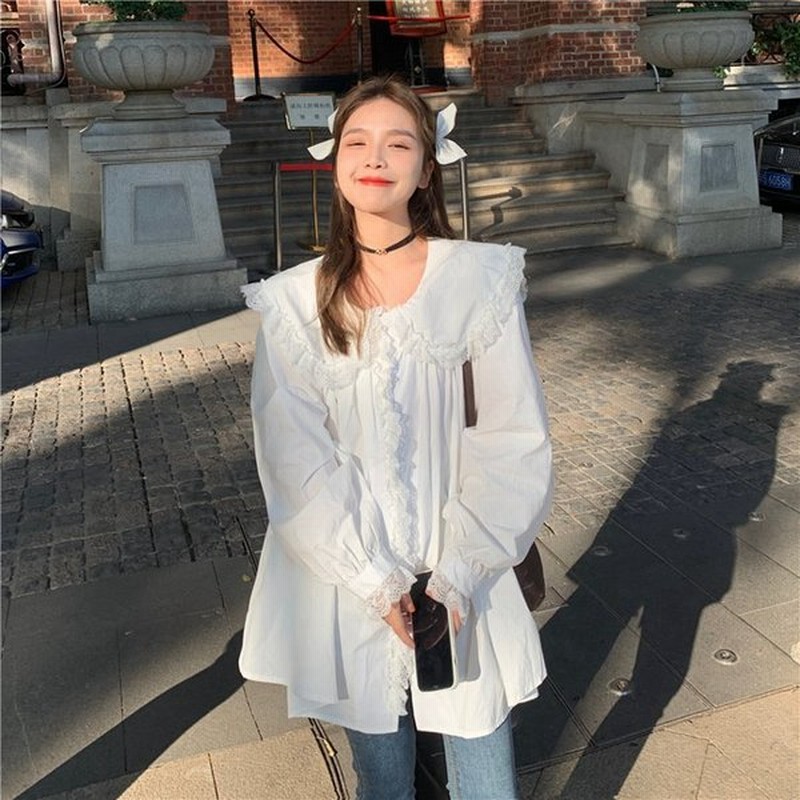 2色 トップス レディース シャツ 白シャツ 白トップス 袖あり 長袖 襟付き レース フリル 大人可愛い おしゃれ ラブリー キュート ガーリー 個性的 存在感 無地 通販 Lineポイント最大0 5 Get Lineショッピング