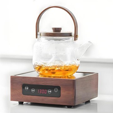 圍爐煮茶套裝胡桃木辦公室燒水煮茶電陶爐水果茶豎紋平光玻璃茶壺